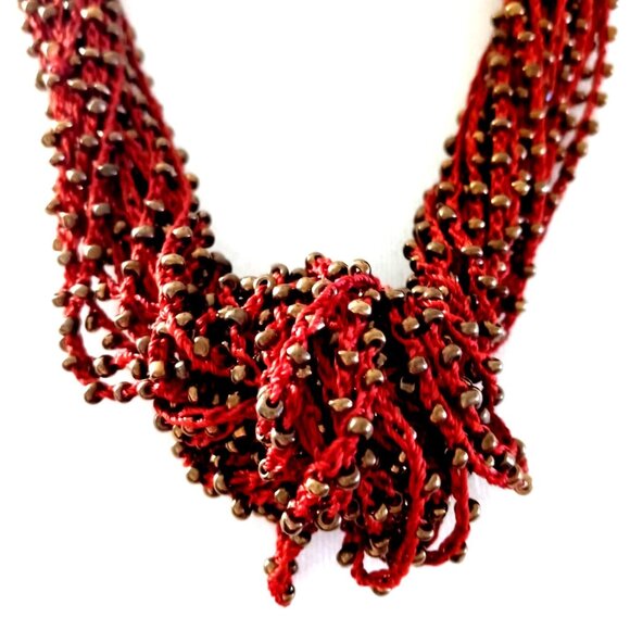 Multi Strand Crocheted Bead Necklace Boho Twisted Gold tone Metal Red 24" - Picture 2 of 5